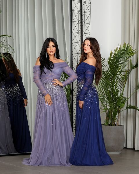 Elegant Black Beaded Tulle Off Shoulder Evening Dress SF333