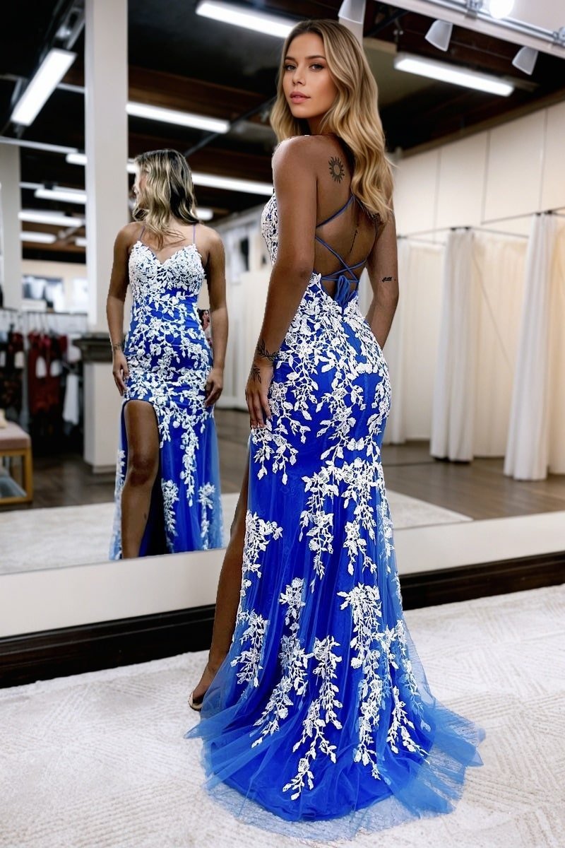 Sheath/Column Tulle Applique Prom Dresses V-neck Sleeveless Long Formal Evening Gowns