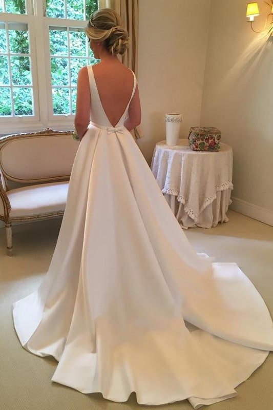 A-line/Princess Bateau Sleeveless Court Train Satin Wedding Dress With Waistband Bowknot-744