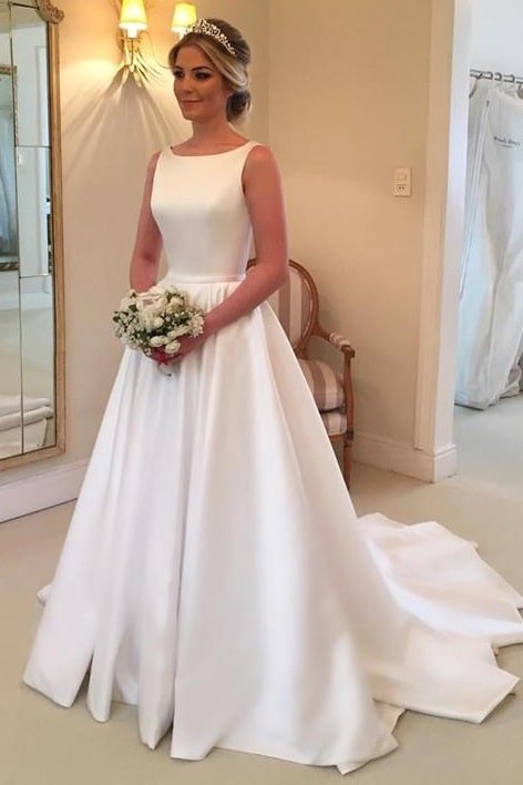 A-line/Princess Bateau Sleeveless Court Train Satin Wedding Dress With Waistband Bowknot-0