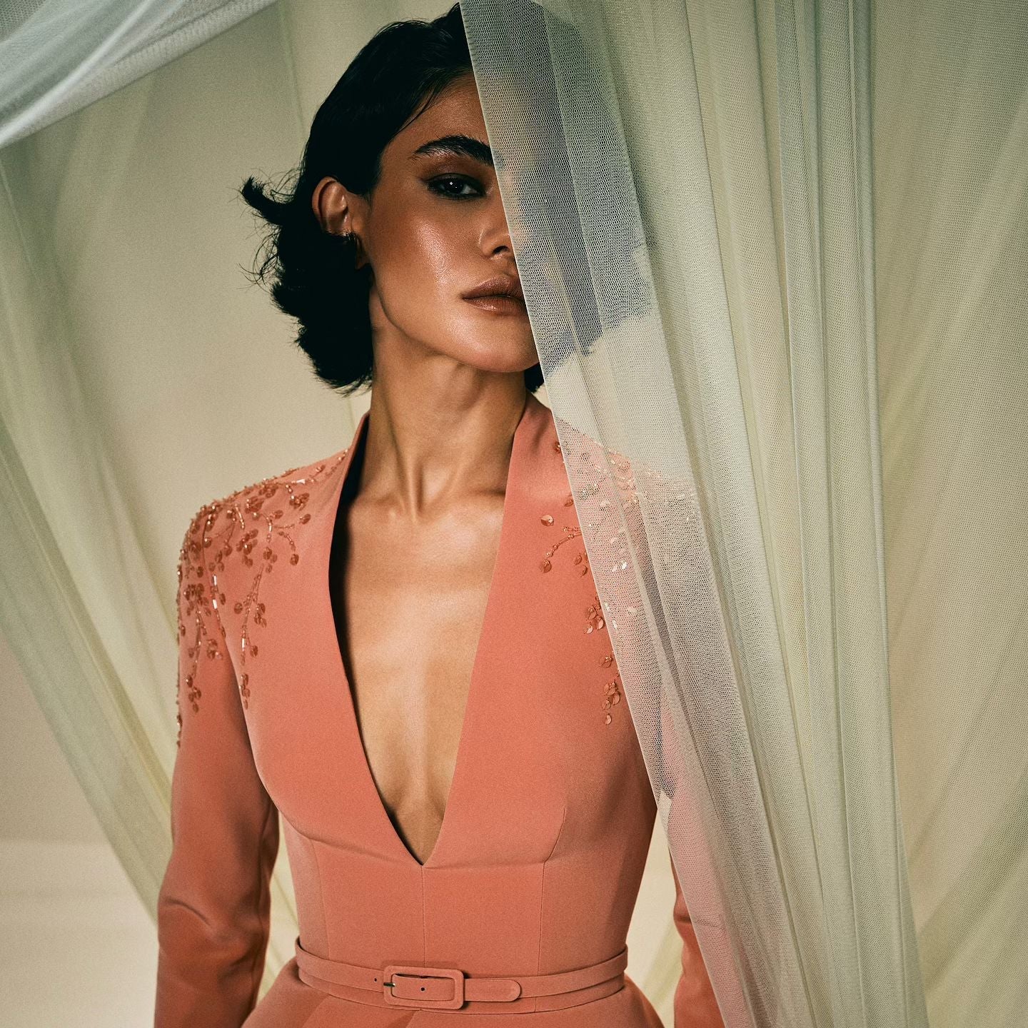 Elegant Crystal Orange Evening Dress with Long Sleeves SS216