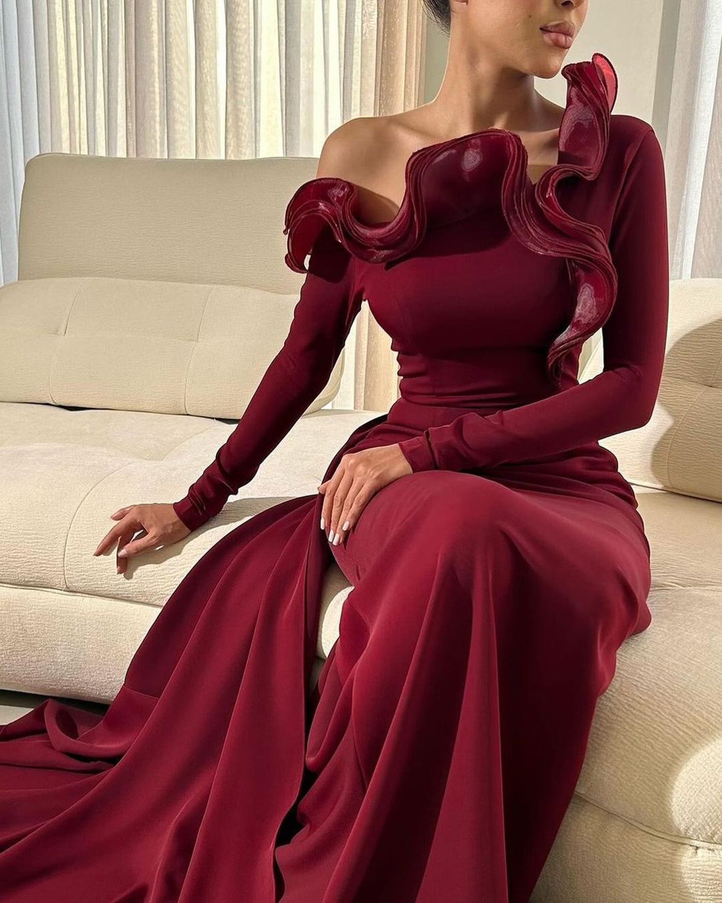 Elegant Purple Ruffles Off Shoulder Evening Dress with Overskirt SF142  Burgundy / US 16