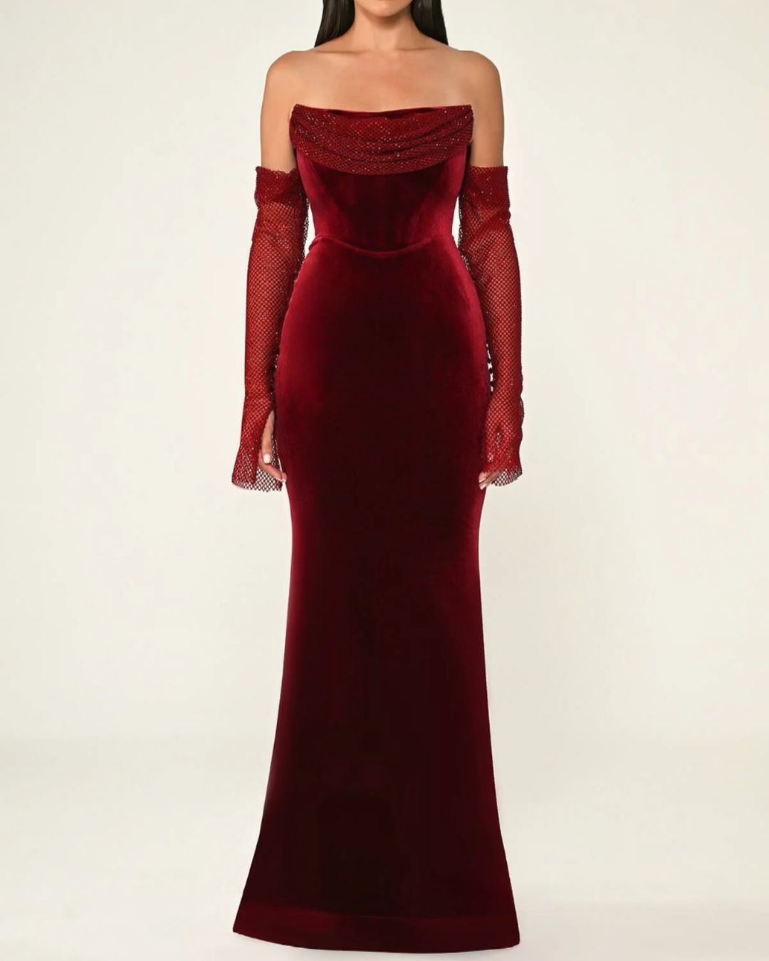 Elegant Velvet Strapless Evening dress with Sleeves SF355  Burgundy / US 20