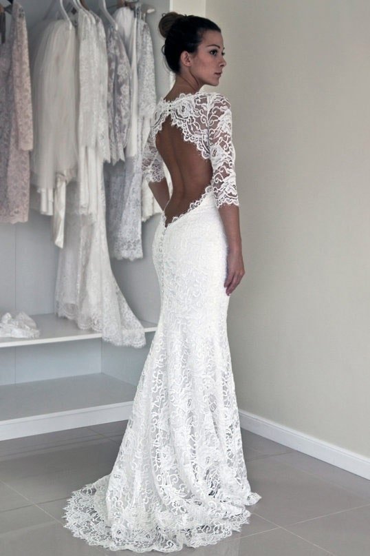 Lace Wedding Dress Sheath/Column Bateau Sweep Train With Pleated-746