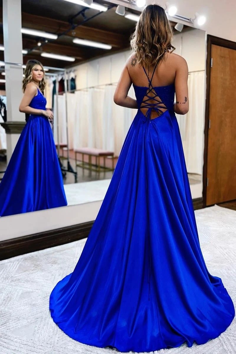 A-Line/Princess Silk Applique V-neck Sleeveless Prom Dresses Long Formal Evening Gowns-515