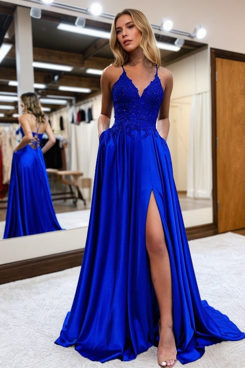 A-Line/Princess Silk Applique V-neck Sleeveless Prom Dresses Long Formal Evening Gowns-0