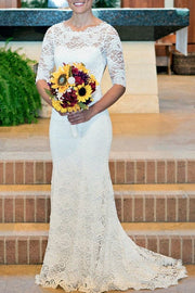 Lace Wedding Dress Sheath/Column Bateau Sweep Train With Pleated-0