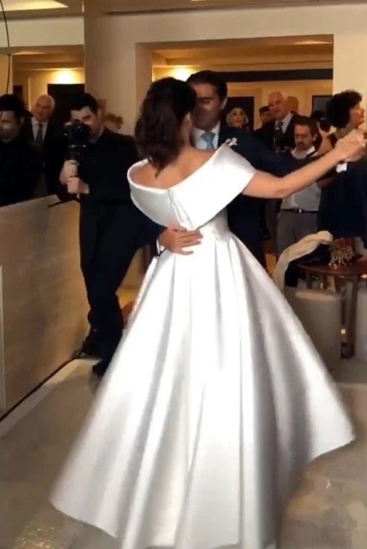 Satin Wedding Dress A-line/Princess Off-the-Shoulder Sleeveless Asymmetrical With Pleated-748