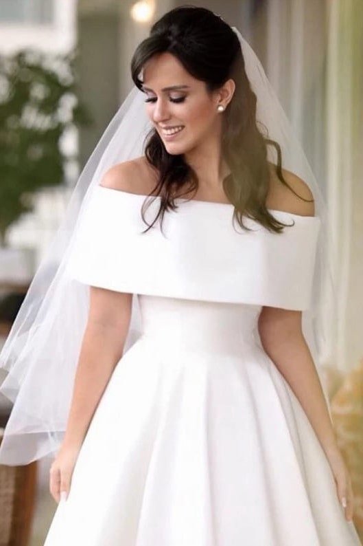 Satin Wedding Dress A-line/Princess Off-the-Shoulder Sleeveless Asymmetrical With Pleated-0