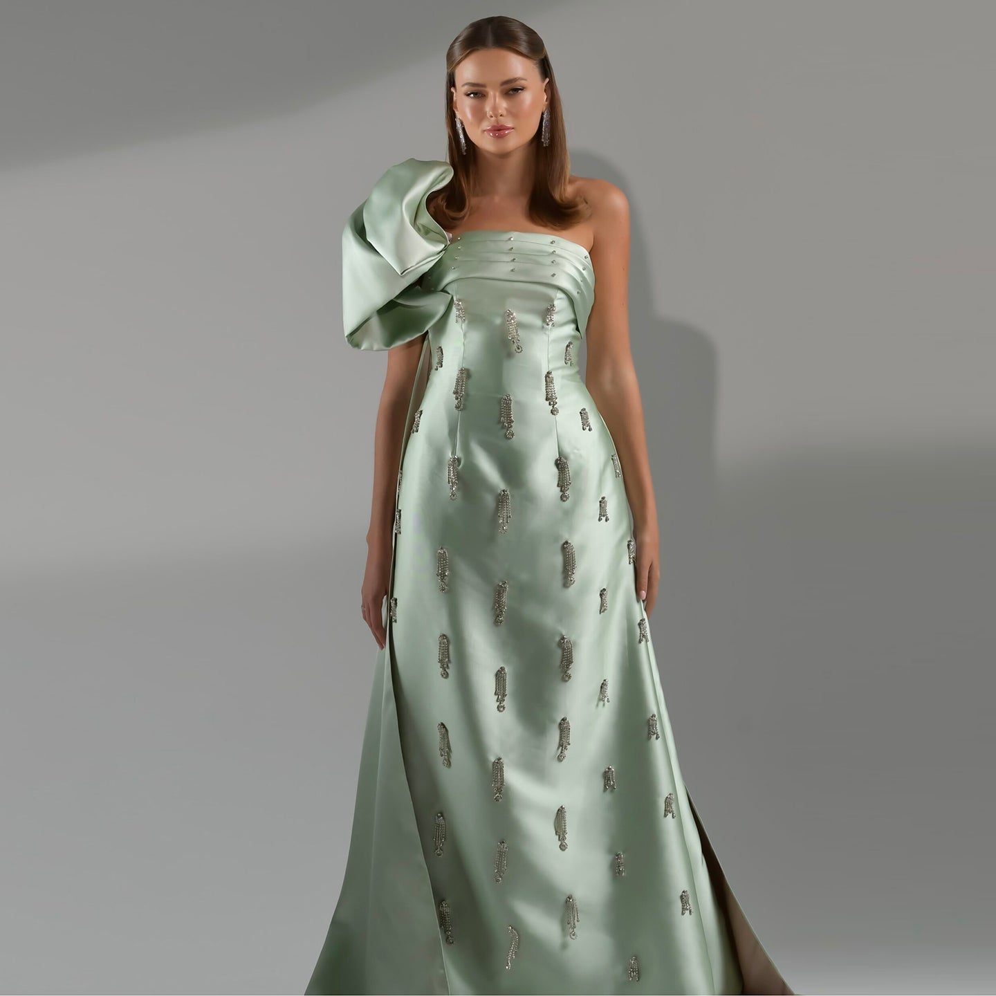 Sage Green One-Shoulder Tassel Evening Dress with Cape SS368