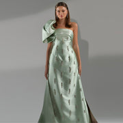 Sage Green One-Shoulder Tassel Evening Dress with Cape SS368