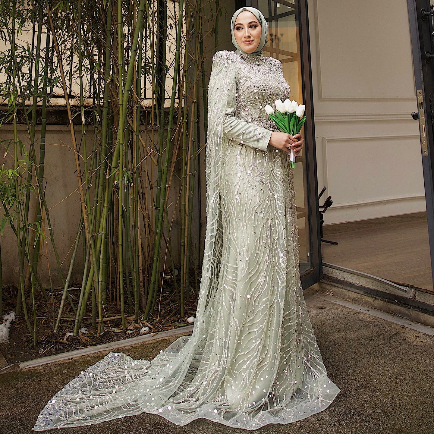 Luxury Champagne Long Sleeve High Neck Evening Dress with Cape SS366