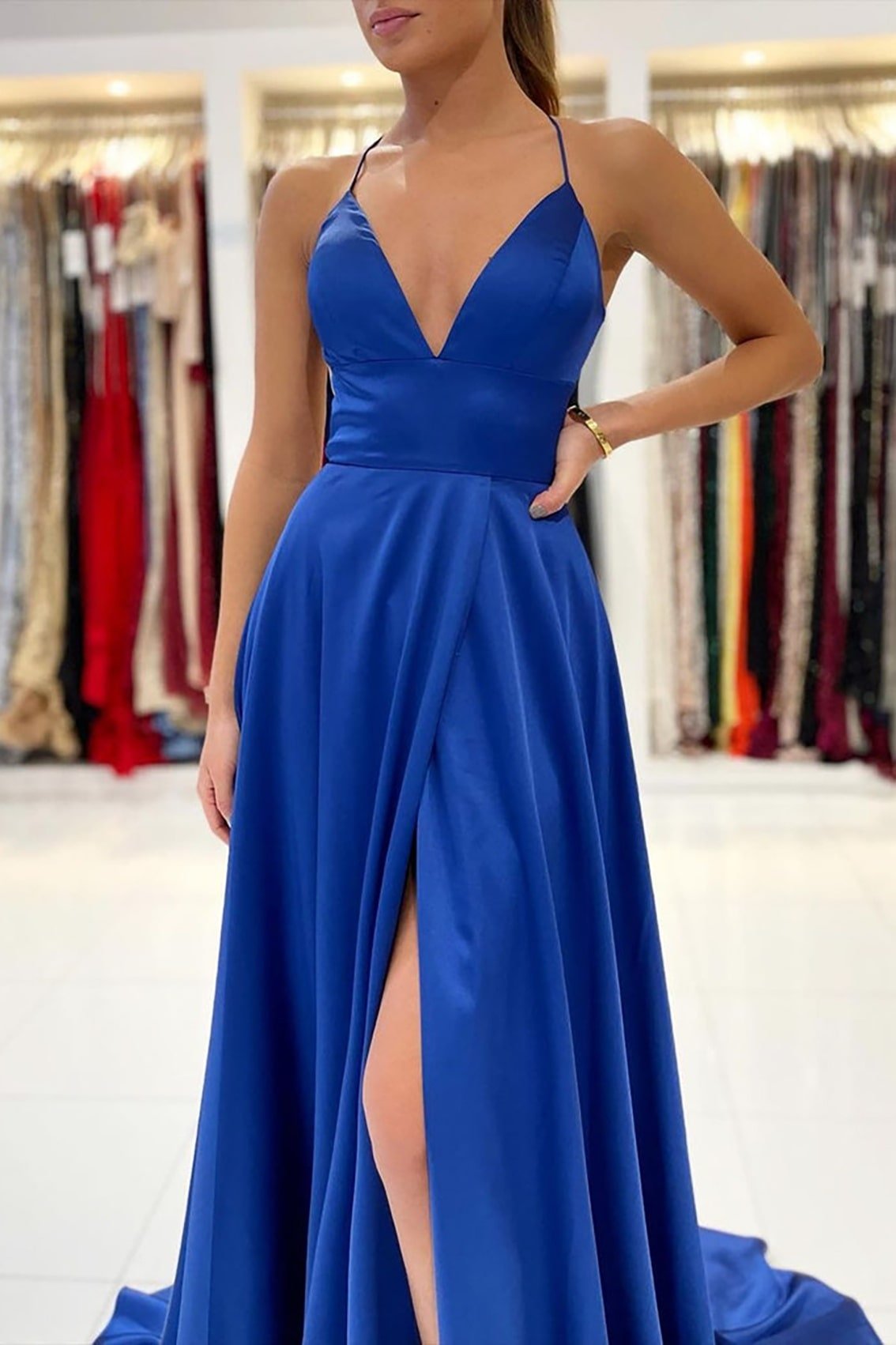A-line V Neck Sleeveless Charmeuse Sweep Train Prom Dress With Split-438