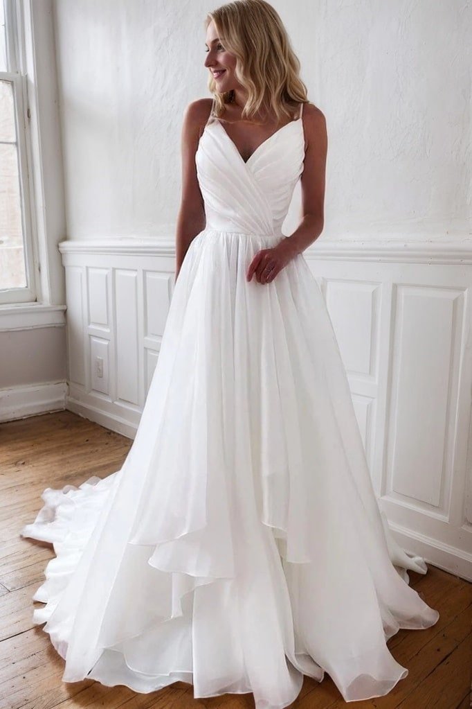 A-Line/Princess Organza Ruffles V-neck Sleeveless Court Train Wedding Dresses-0