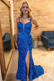 Sheath/Column Royal Blue Velvet Sequins Sleeveless Split Prom Dresses Long Formal Ball Gown