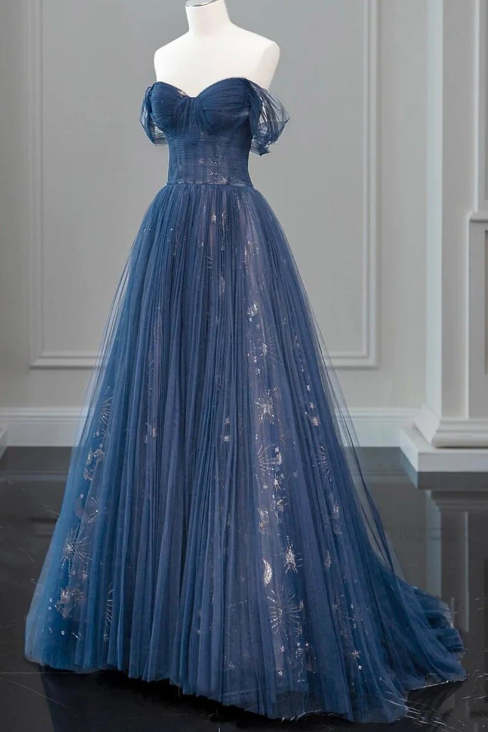 A-Line/Princess Tulle Long Prom Dress,Off the Shoulder Backless Evening Dress