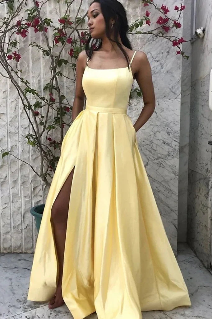 A-Line/Princess Satin Halter Sleeveless Long Prom Dress Yellow Pocket Prom Gown