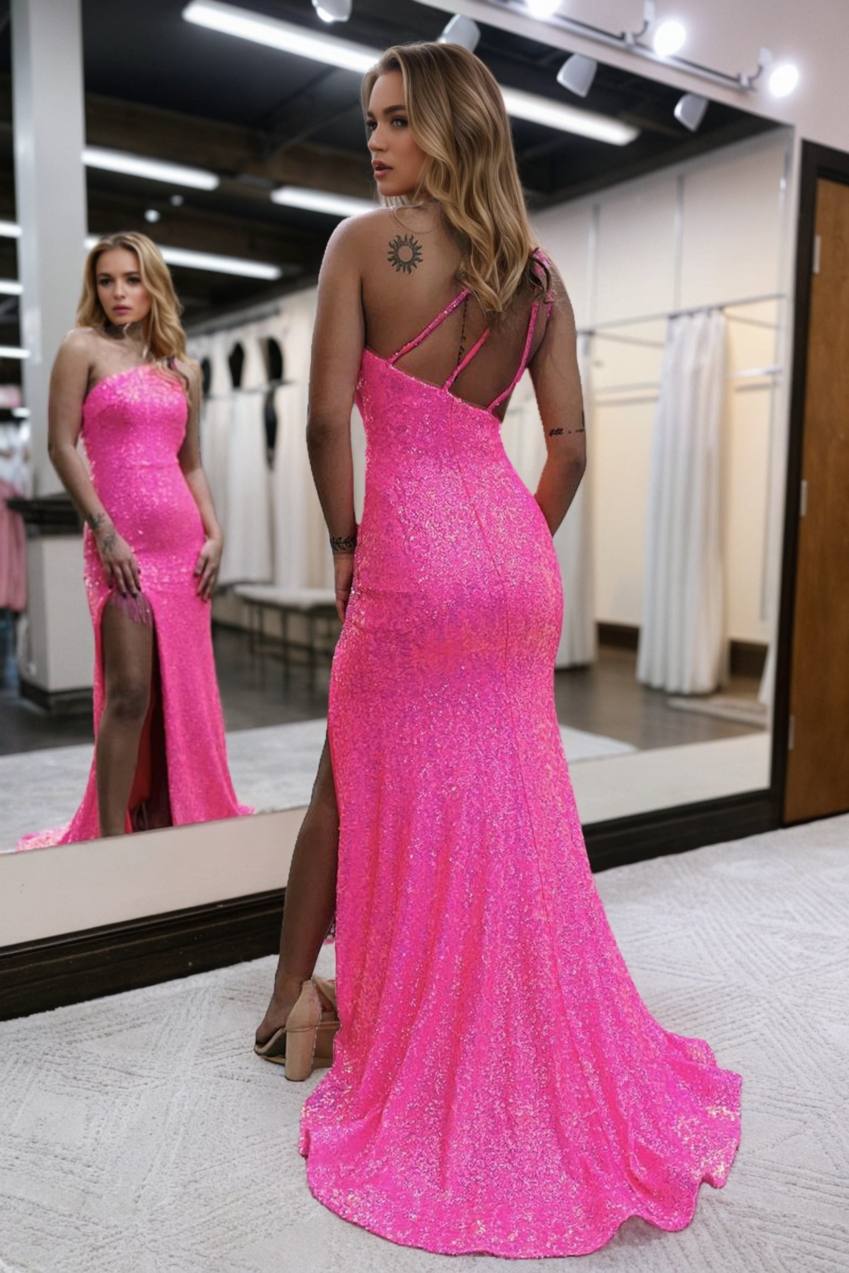 Sheath/Column Sequins One-Shoulder Sleeveless Sweep/Brush Train Prom Dresses-549