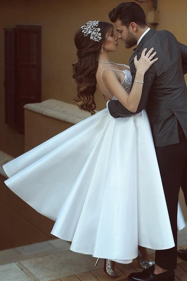 Ball Gown Sweetheart Sleeveless Ankle-Length Satin Wedding Dress With Lace-754