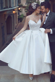 Ball Gown Sweetheart Sleeveless Ankle-Length Satin Wedding Dress With Lace-0