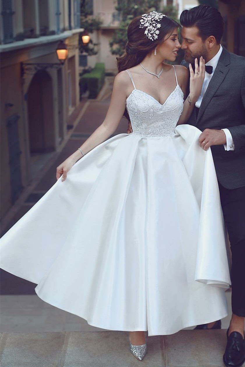Ball Gown Sweetheart Sleeveless Ankle-Length Satin Wedding Dress With Lace-0