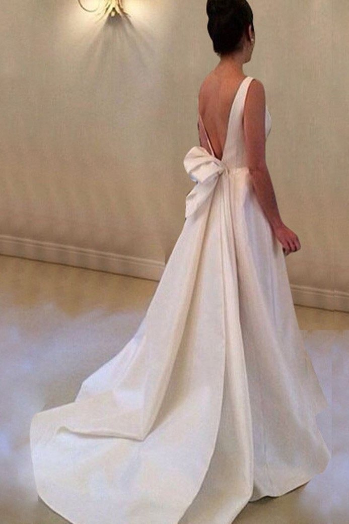 Satin Court Train A-Line/Princess Sleeveless Bateau Zipper Wedding Dress With Bowknot-756