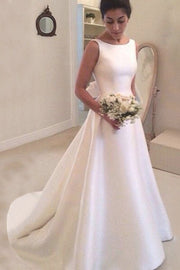 Satin Court Train A-Line/Princess Sleeveless Bateau Zipper Wedding Dress With Bowknot-0