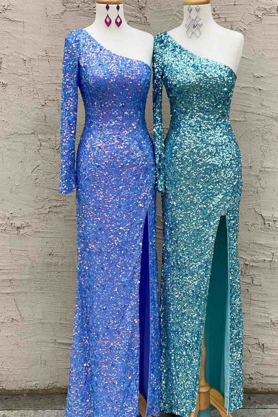 Sheath/Column Velvet Sequins One-Shoulder Long Sleeves Prom Dresses Long Blue Formal Evening Gowns