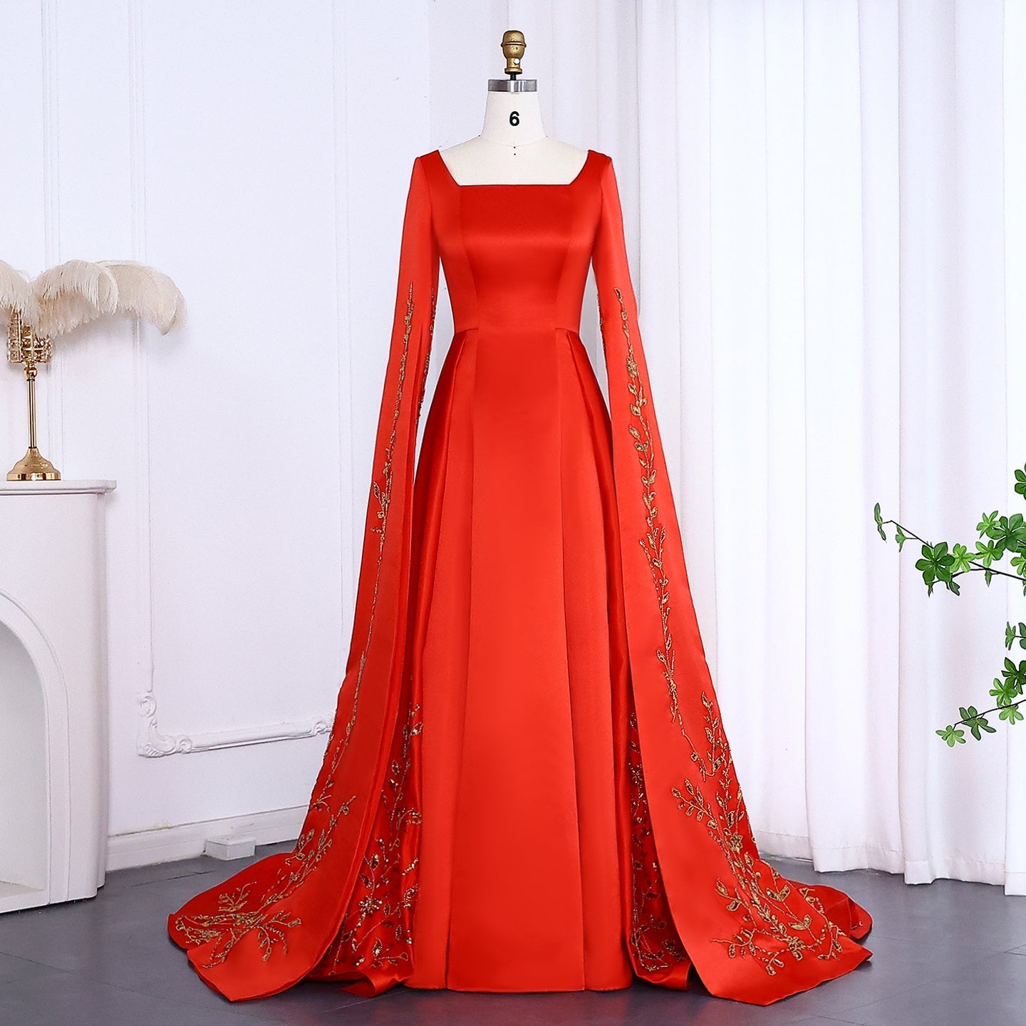 Elegant Red Evening Dress with Gold Floral Embroidery Cape Sleeves SS568  Red / US 16
