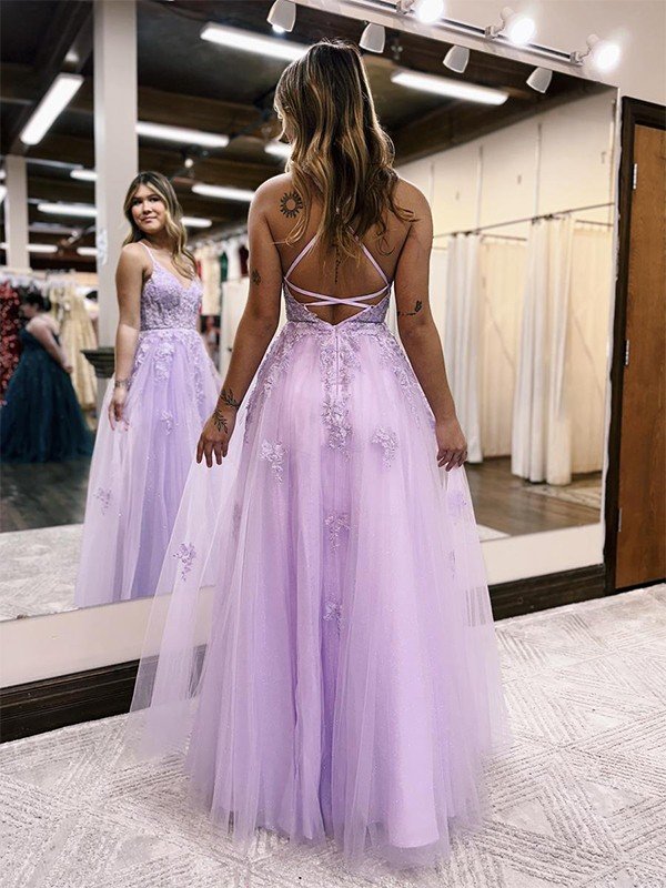 A-Line/Princess Tulle Applique Prom Dresses V-neck Sleeveless Floor-Length Formal Evening Gowns-524
