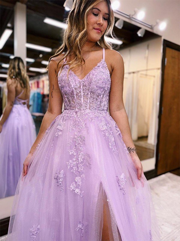 A-Line/Princess Tulle Applique Prom Dresses V-neck Sleeveless Floor-Length Formal Evening Gowns-525