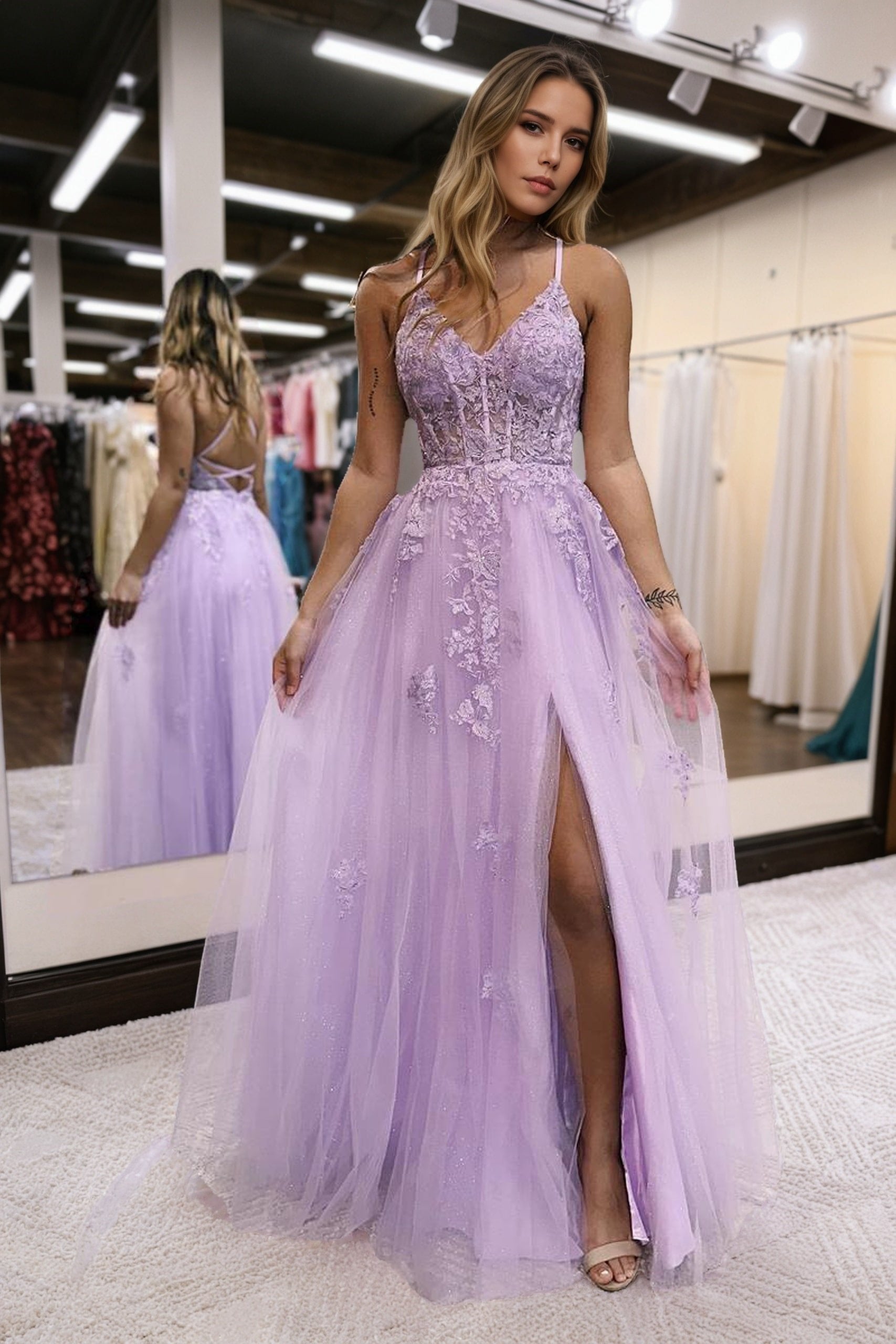 A-Line/Princess Tulle Applique Prom Dresses V-neck Sleeveless Floor-Length Formal Evening Gowns-0