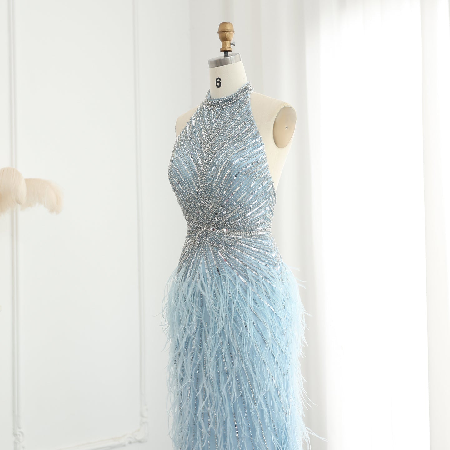 Luxury Beaded Feathers Silver Halter Evening Dress SS006