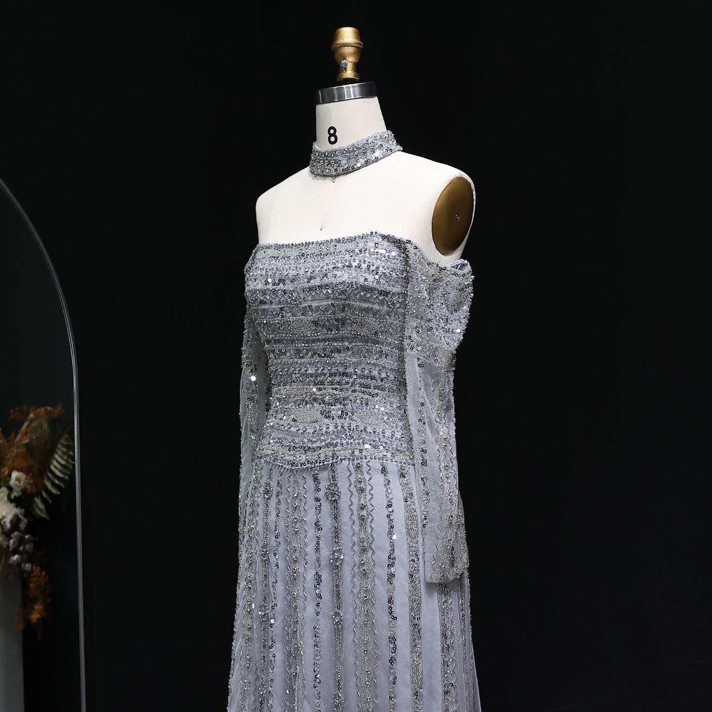 Luxury Beaded Off Shoulder Pink Evening Dress with Choker SS178