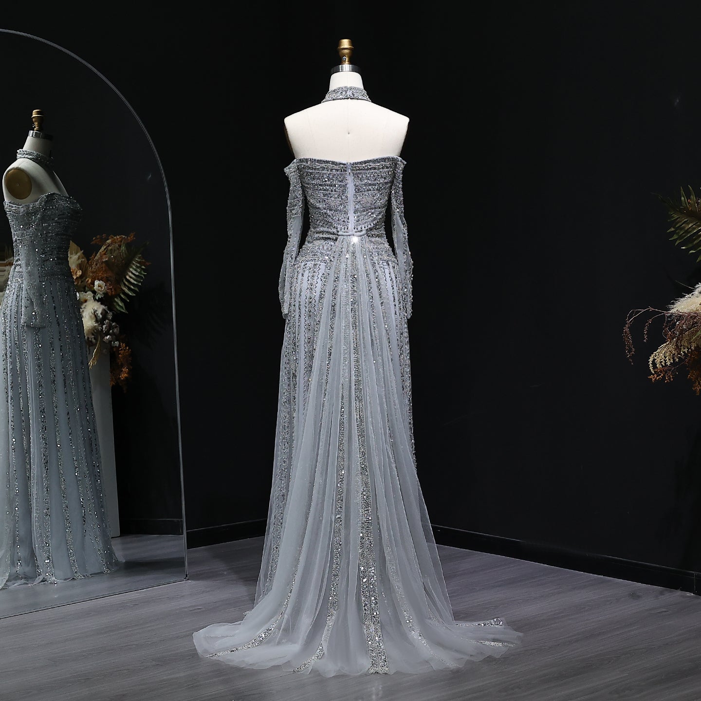 Luxury Beaded Off Shoulder Pink Evening Dress with Choker SS178