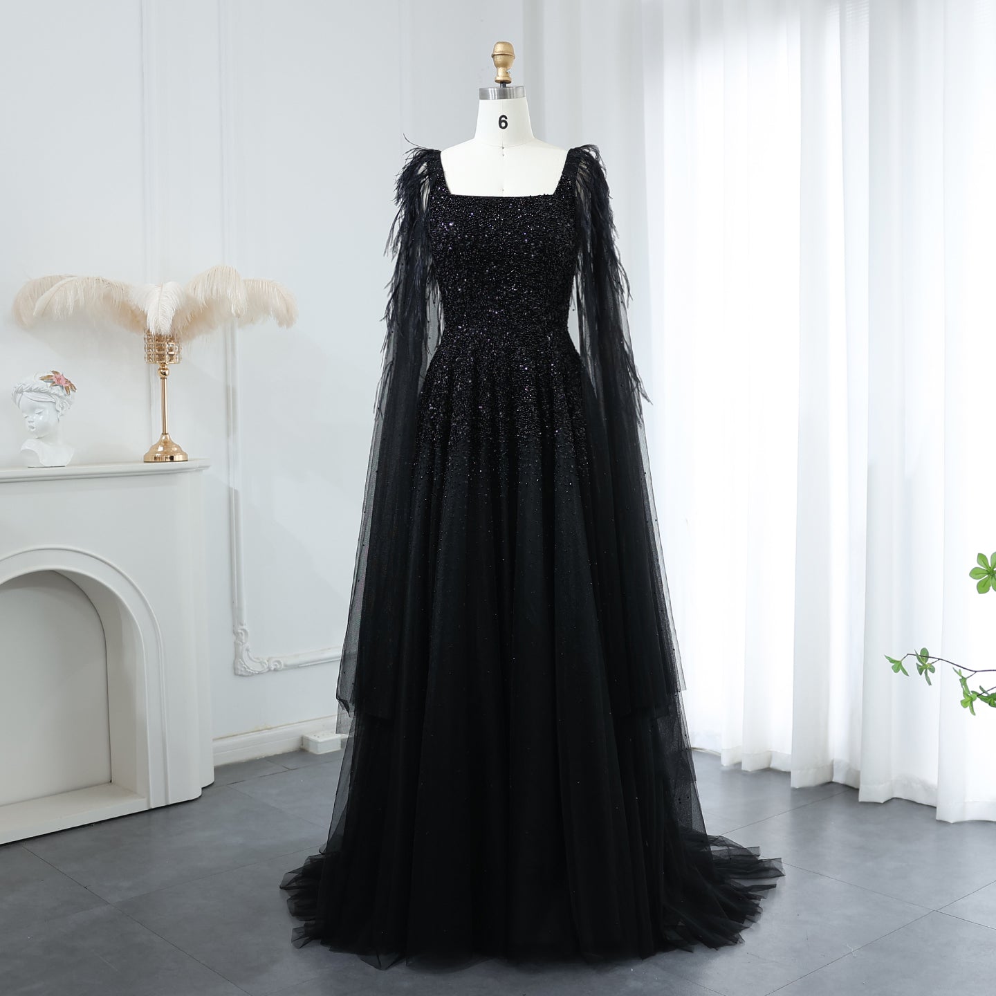 Luxury Pink Feathers Evening Dress with Cape Sleeves SS406  Black / US 10