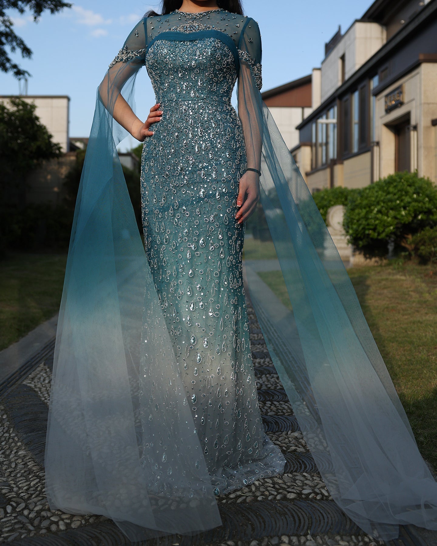 Luxury Turquoise Crystal Evening Dresses with Cape Sleeves SS666