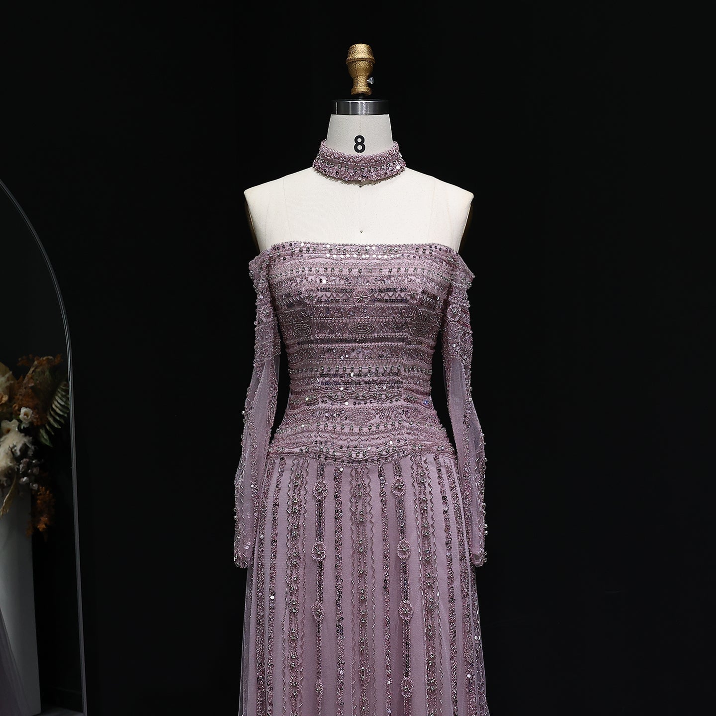 Luxury Beaded Off Shoulder Pink Evening Dress with Choker SS178