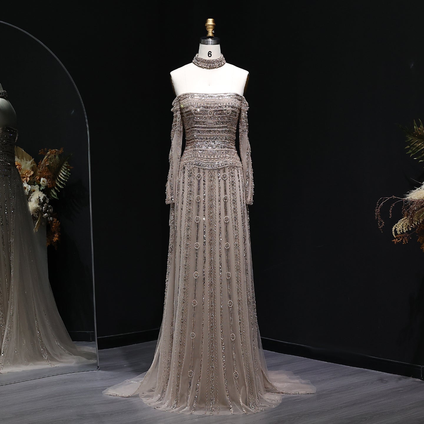 Luxury Beaded Off Shoulder Pink Evening Dress with Choker SS178  Champagne / US 18