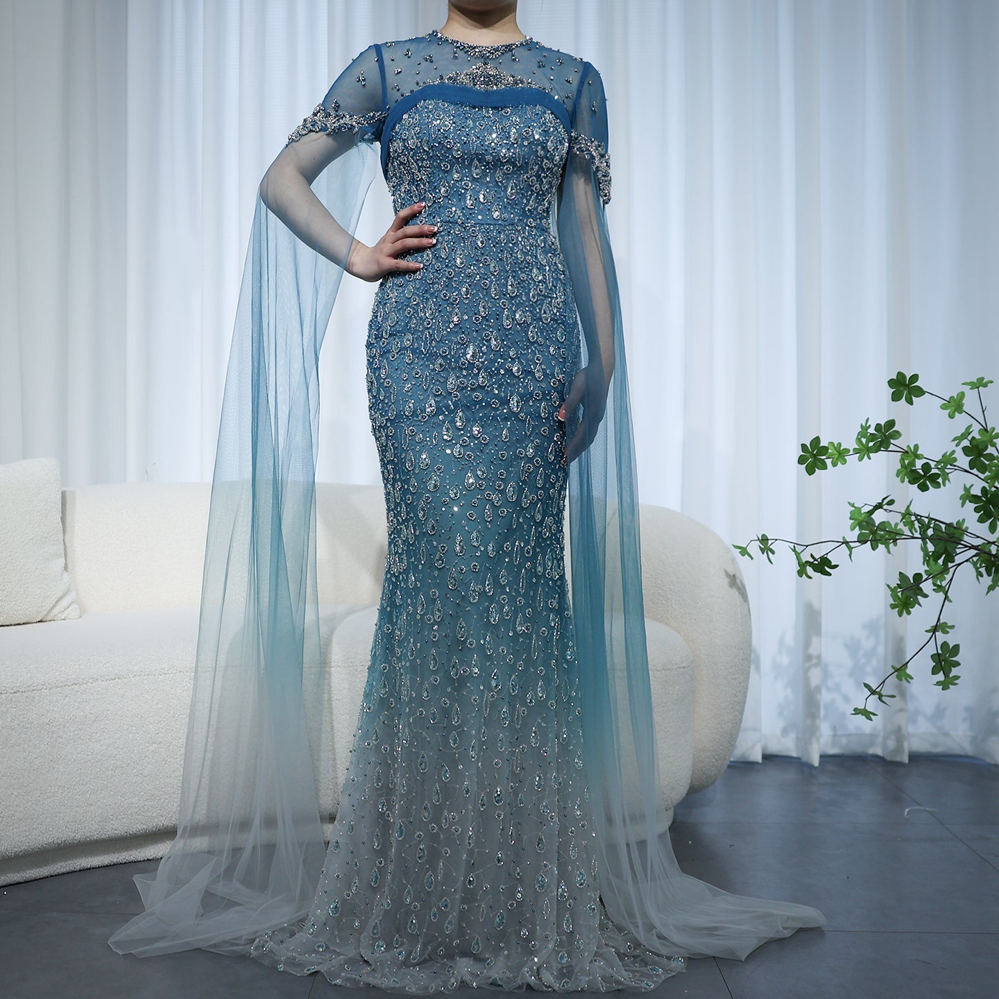 Luxury Turquoise Crystal Evening Dresses with Cape Sleeves SS666