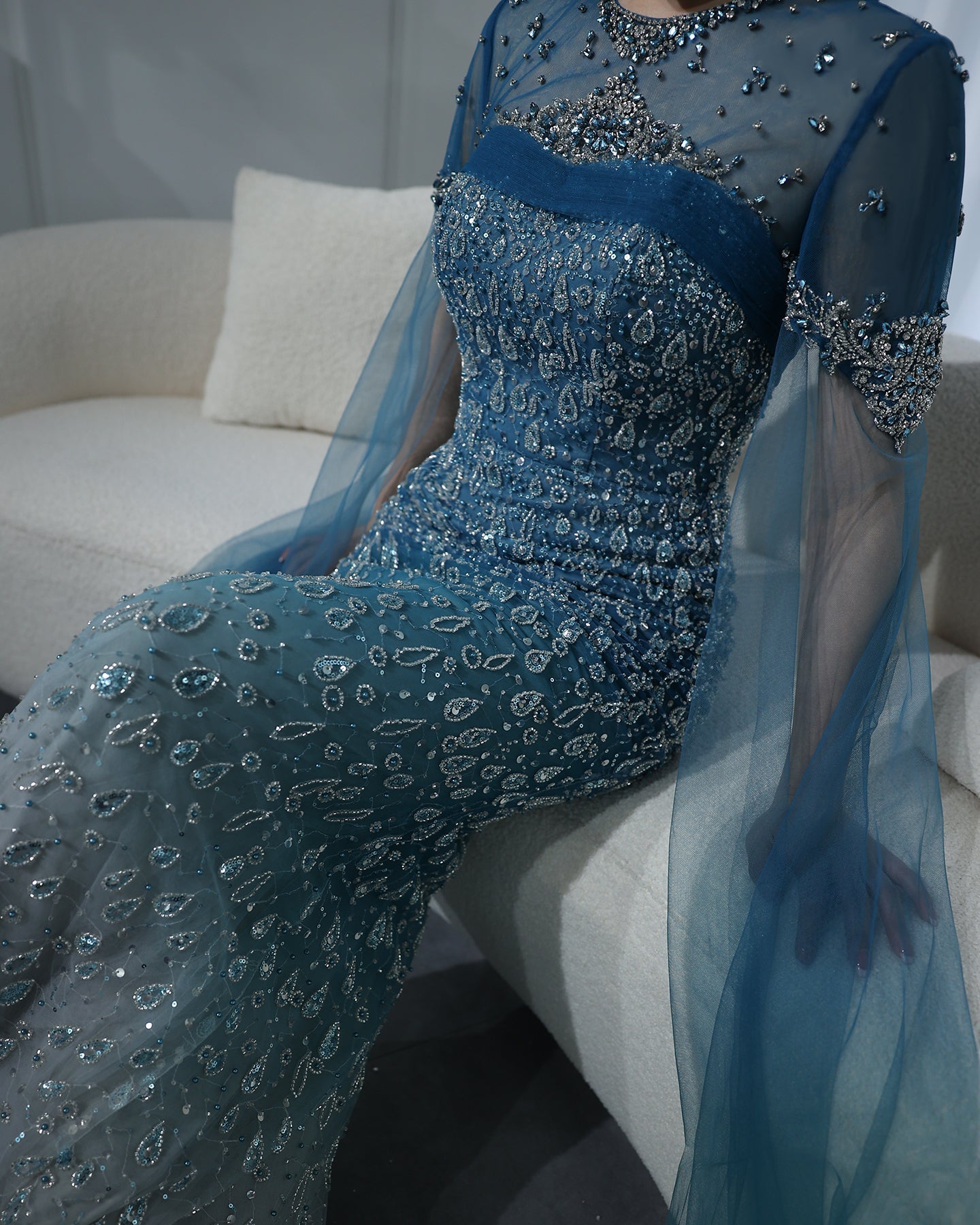 Luxury Turquoise Crystal Evening Dresses with Cape Sleeves SS666