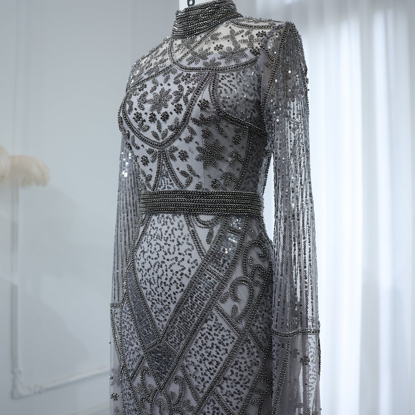 Luxury Beaded Gray Evening Dress with Flare Long Sleeves SS204