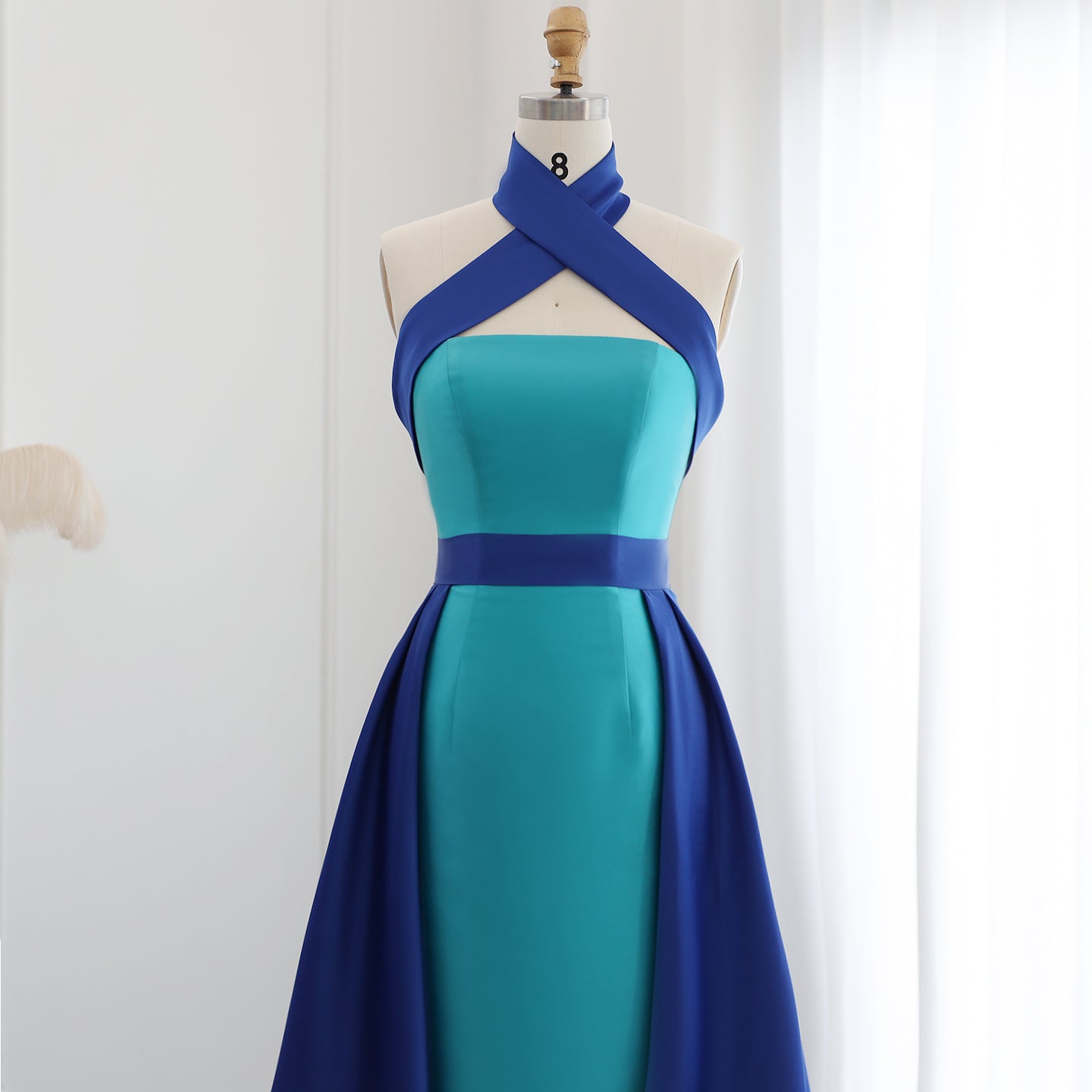 Royal Blue Criss Cross Halter Evening Dress with Overskirt SF012
