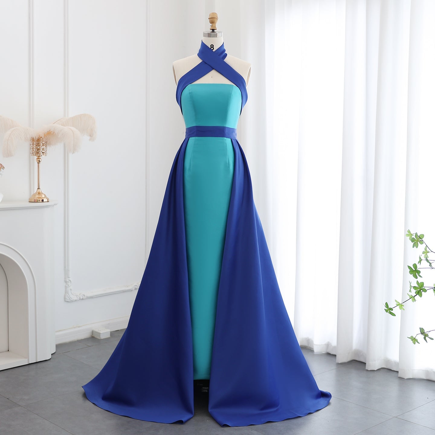Royal Blue Criss Cross Halter Evening Dress with Overskirt SF012  Blue / US 18