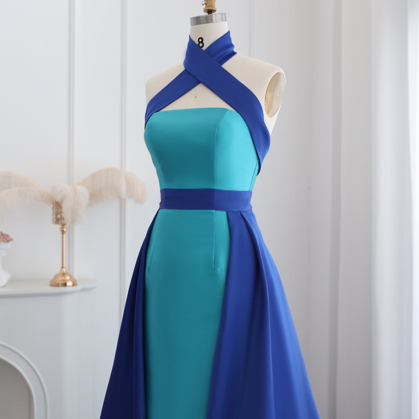 Royal Blue Criss Cross Halter Evening Dress with Overskirt SF012