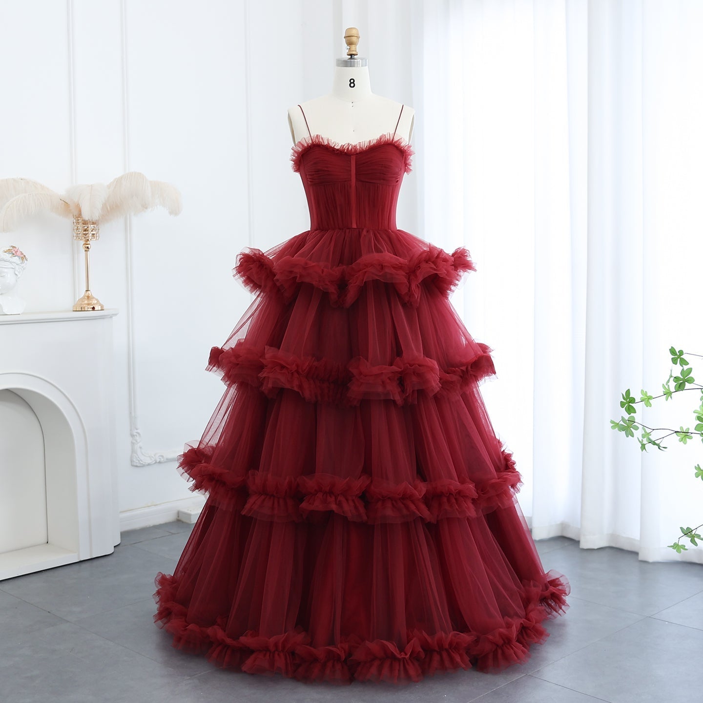 Burgundy Tulle Tiered Ruffles Evening Dresses with Gloves SS309