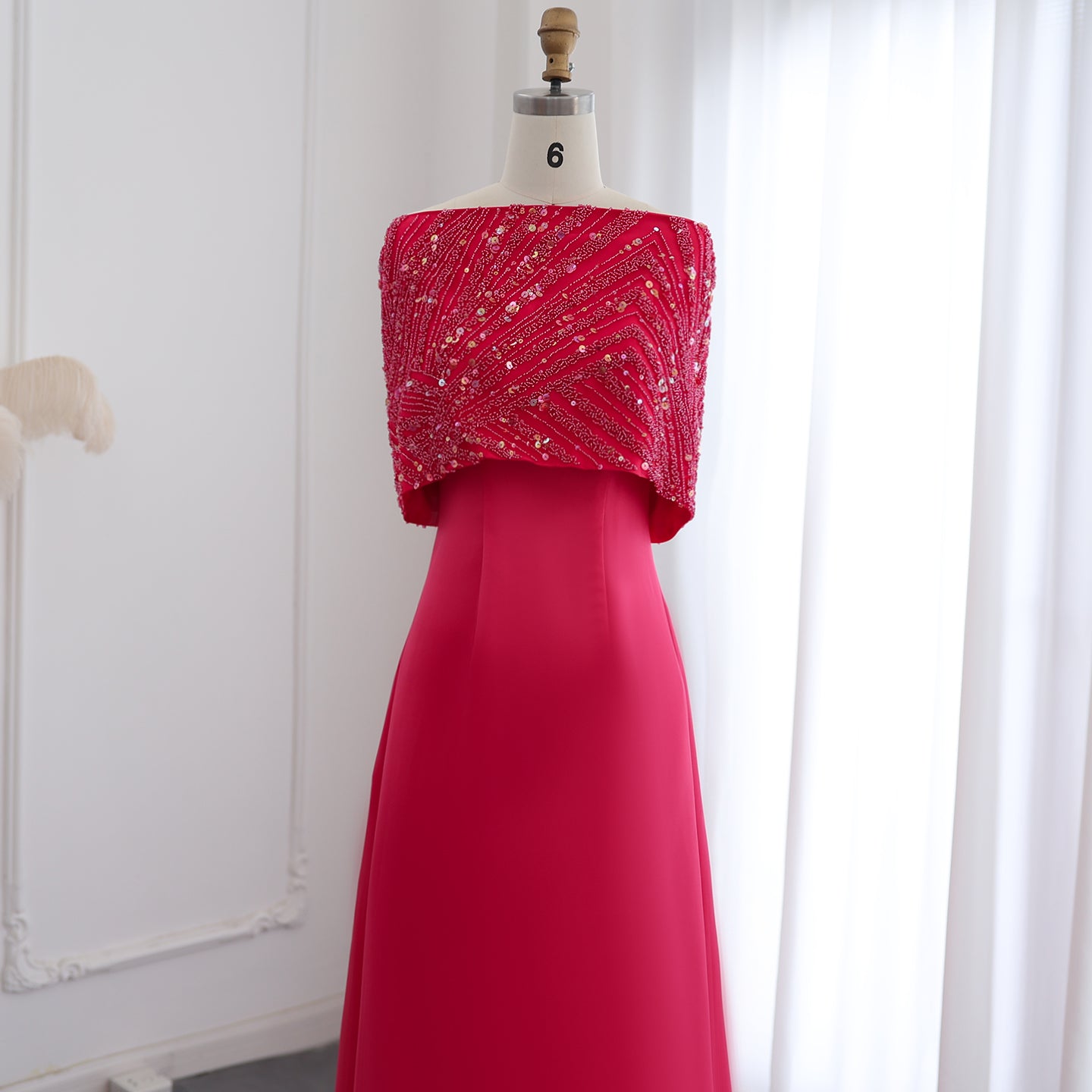 Elegant Off Shoulder Fuchsia Evening Dress with Cape SS482