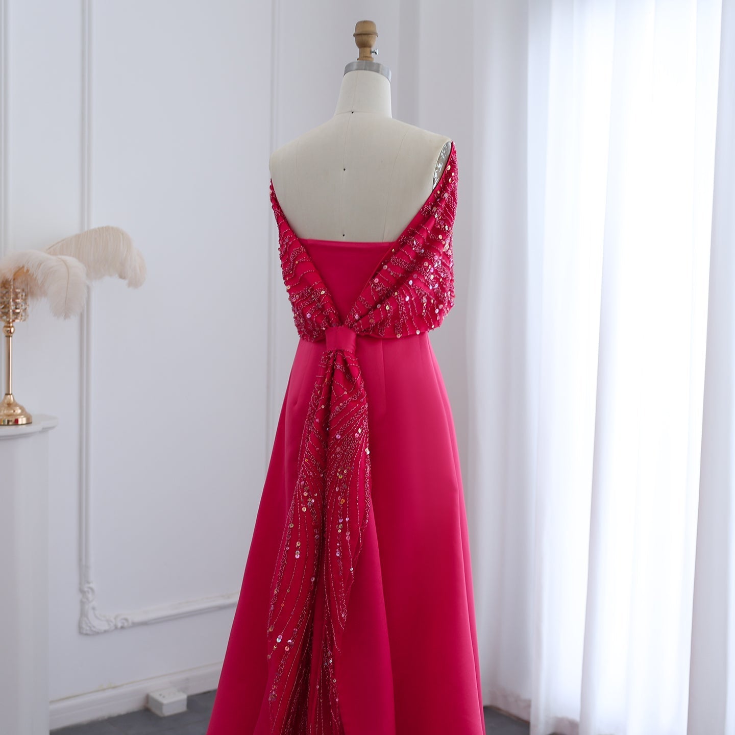 Elegant Off Shoulder Fuchsia Evening Dress with Cape SS482