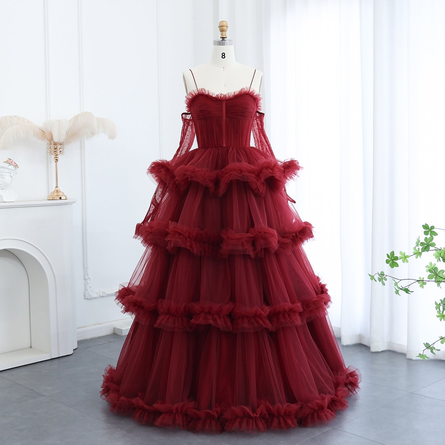 Burgundy Tulle Tiered Ruffles Evening Dresses with Gloves SS309  Red / US 16