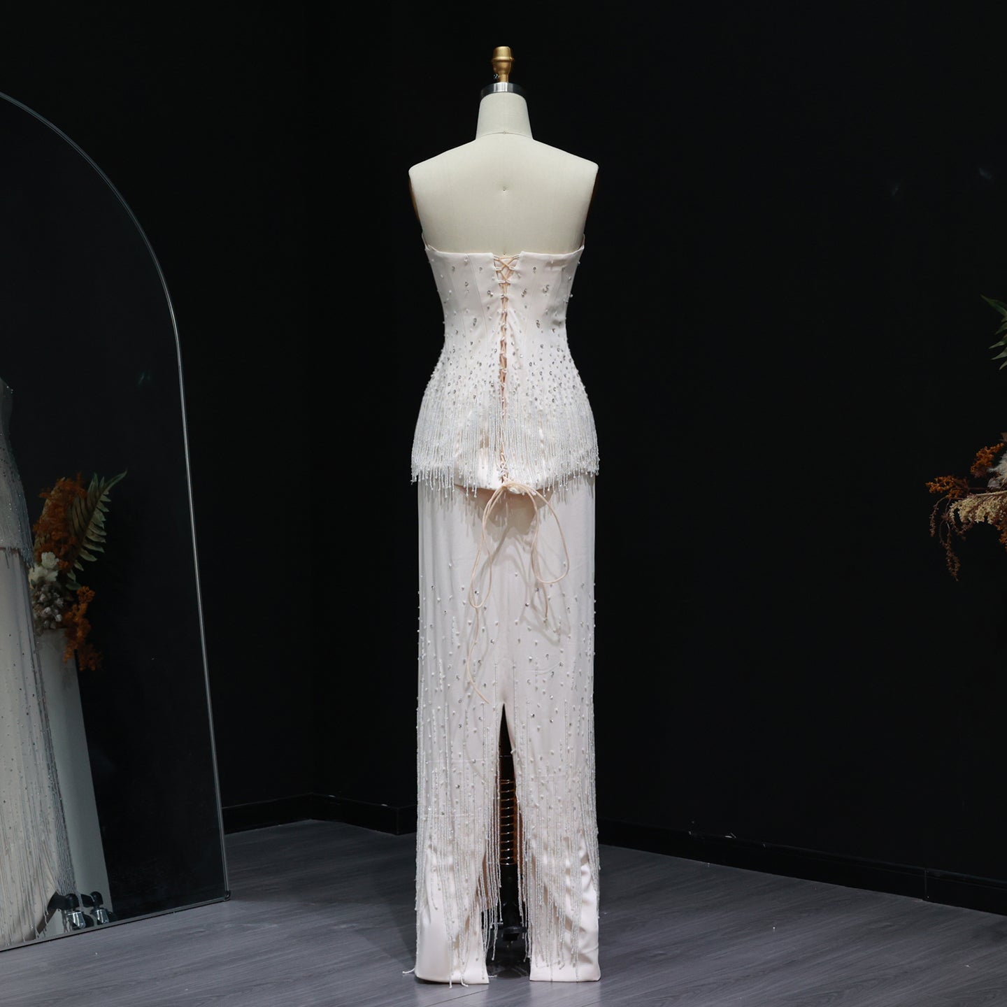 Elegant Beige Beaded Evening Dress with Two Pieces SS425